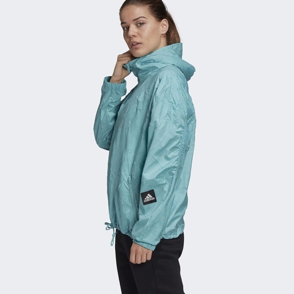 ADIDAS W.N.D. TURQUOISE BLUE WINDBREAKER WITH HOOD ZIPPER POCKETS SIZE MEDIUM - Picture 2 of 6